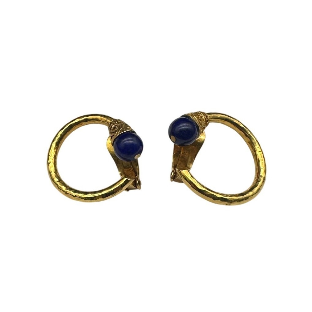 Vintage Etruscan Revival 18K 750 Gold Lapis Lazuli Blue Hoop Earrings Ornate - Picture 4 of 10